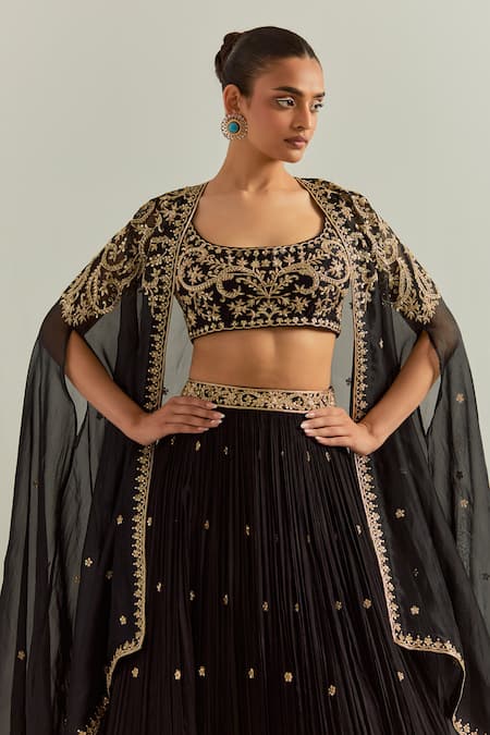 Ikshita Choudhary_Black Chanderi, Chiffon Embroidery, Stones Round Neck Hand Lehenga Set _at_Aza_Fashions