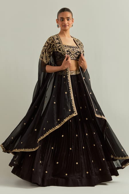 Ikshita Choudhary Black Chanderi, Chiffon Embroidery, Stones Round Neck Hand Lehenga Set