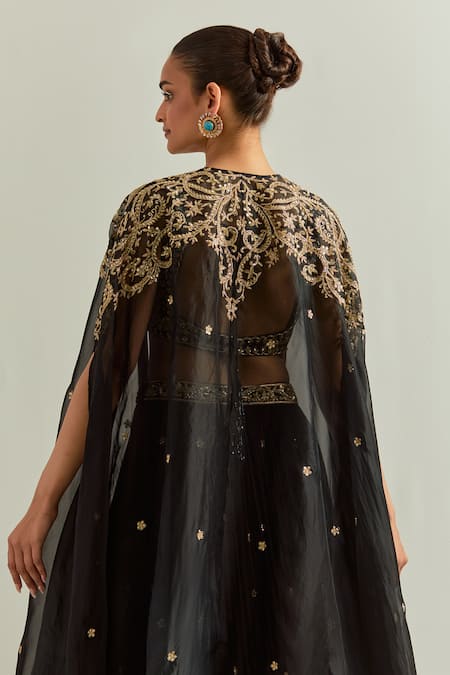 Buy_Ikshita Choudhary_Black Chanderi, Chiffon Embroidery, Stones Round Neck Hand Lehenga Set 
