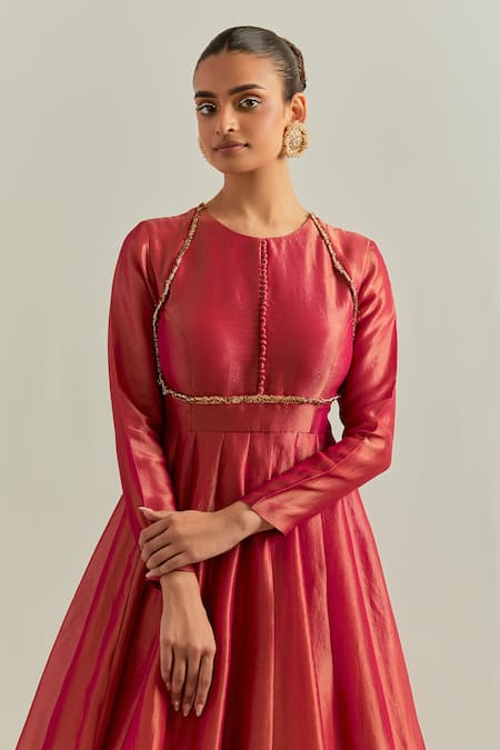 Ikshita Choudhary Rust Organza Round Neck Red Shimmer Anarkali Set Online at Aza Fashions Ikshita Choudhary_Rust Organza Round Neck Red Shimmer Anarkali Set _Online_at_Aza_Fashions