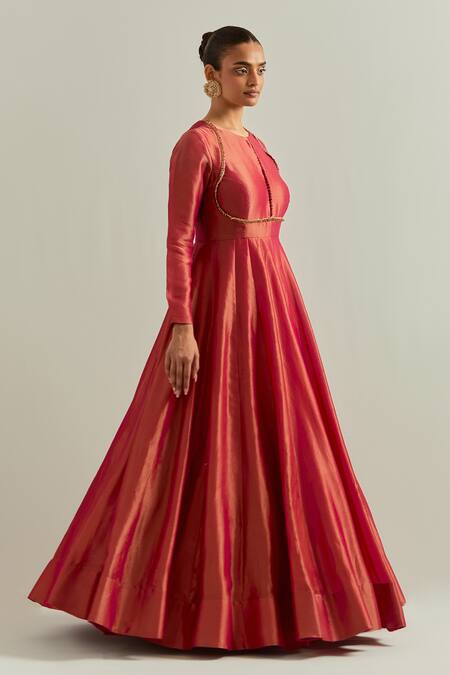 Shop Ikshita Choudhary Rust Organza Round Neck Red Shimmer Anarkali Set Online at Aza Fashions Shop_Ikshita Choudhary_Rust Organza Round Neck Red Shimmer Anarkali Set _Online_at_Aza_Fashions