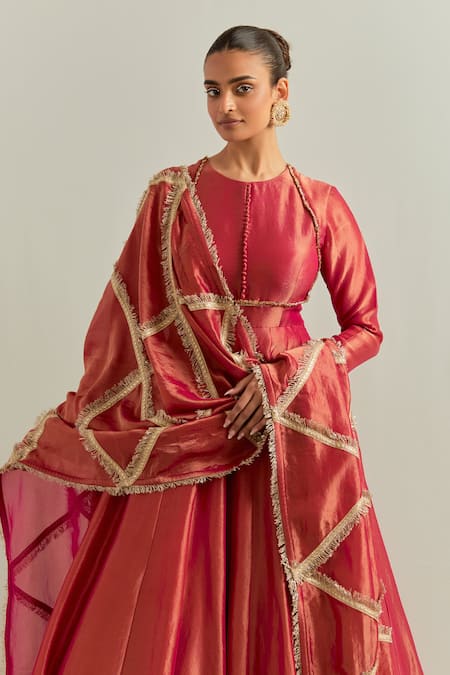 Ikshita Choudhary Rust Organza Round Neck Red Shimmer Anarkali Set at Aza Fashions Ikshita Choudhary_Rust Organza Round Neck Red Shimmer Anarkali Set _at_Aza_Fashions