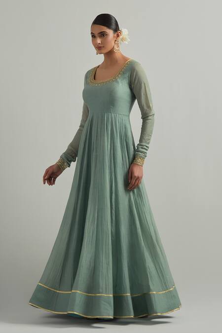 Ikshita Choudhary Blue Chanderi, Organza Embroidery Square Neck Cadet Hand Anarkali Set Online at Aza Fashions Ikshita Choudhary_Blue Chanderi, Organza Embroidery Square Neck Cadet Hand Anarkali Set _Online_at_Aza_Fashions