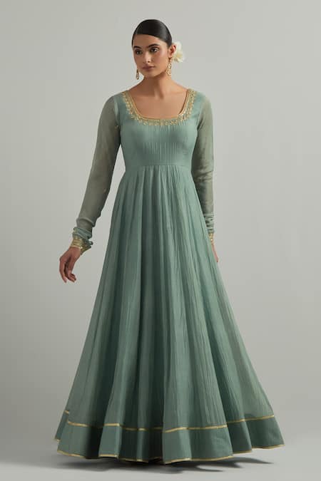 Buy Ikshita Choudhary Blue Chanderi, Organza Embroidery Square Neck Cadet Hand Anarkali Set Online at Aza Fashions Buy_Ikshita Choudhary_Blue Chanderi, Organza Embroidery Square Neck Cadet Hand Anarkali Set _Online_at_Aza_Fashions