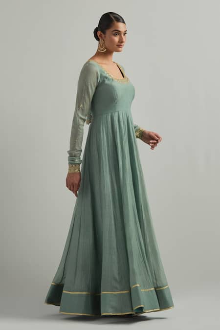 Shop Ikshita Choudhary Blue Chanderi, Organza Embroidery Square Neck Cadet Hand Anarkali Set Online at Aza Fashions Shop_Ikshita Choudhary_Blue Chanderi, Organza Embroidery Square Neck Cadet Hand Anarkali Set _Online_at_Aza_Fashions