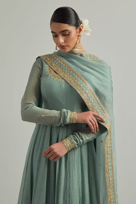 Ikshita Choudhary Blue Chanderi, Organza Embroidery Square Neck Cadet Hand Anarkali Set at Aza Fashions Ikshita Choudhary_Blue Chanderi, Organza Embroidery Square Neck Cadet Hand Anarkali Set _at_Aza_Fashions