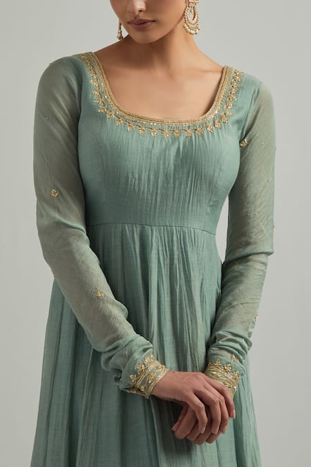 Buy Ikshita Choudhary Blue Chanderi, Organza Embroidery Square Neck Cadet Hand Anarkali Set Buy_Ikshita Choudhary_Blue Chanderi, Organza Embroidery Square Neck Cadet Hand Anarkali Set