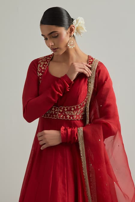 Ikshita Choudhary Red Chanderi, Organza Embroidery Round Neck Hand Anarkali Set Online at Aza Fashions Ikshita Choudhary_Red Chanderi, Organza Embroidery Round Neck Hand Anarkali Set _Online_at_Aza_Fashions
