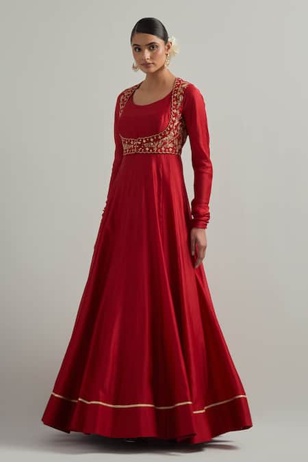 Ikshita Choudhary Red Chanderi, Organza Embroidery Round Neck Hand Anarkali Set at Aza Fashions Ikshita Choudhary_Red Chanderi, Organza Embroidery Round Neck Hand Anarkali Set _at_Aza_Fashions