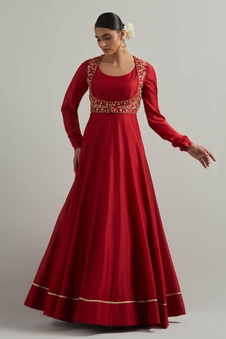 Buy Ikshita Choudhary Red Chanderi, Organza Embroidery Round Neck Hand Anarkali Set Buy_Ikshita Choudhary_Red Chanderi, Organza Embroidery Round Neck Hand Anarkali Set