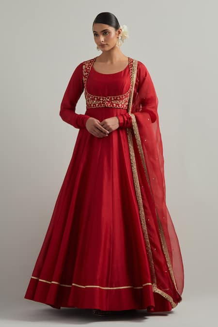Ikshita Choudhary Red Chanderi, Organza Embroidery Round Neck Hand Anarkali Set 