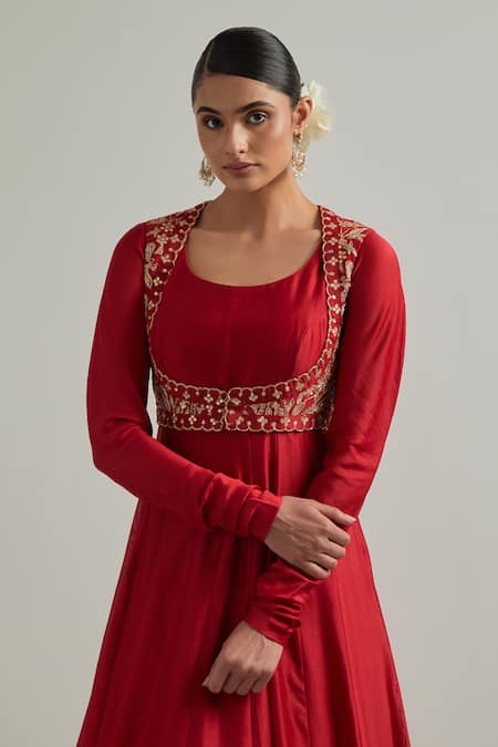 Shop Ikshita Choudhary Red Chanderi, Organza Embroidery Round Neck Hand Anarkali Set Shop_Ikshita Choudhary_Red Chanderi, Organza Embroidery Round Neck Hand Anarkali Set