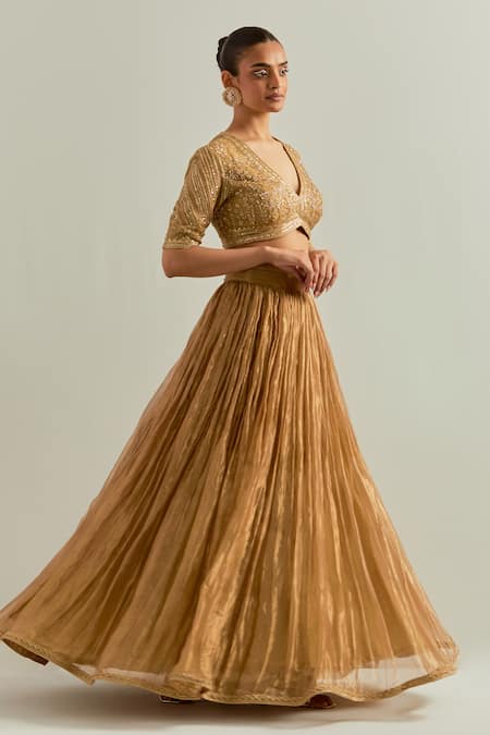 Ikshita Choudhary_Gold Organza Embroidery V-neck Hand Lehenga Set _Online_at_Aza_Fashions