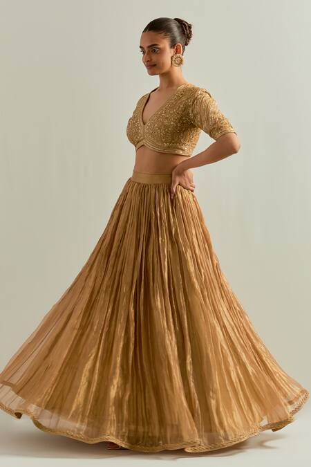 Shop_Ikshita Choudhary_Gold Organza Embroidery V-neck Hand Lehenga Set _Online_at_Aza_Fashions