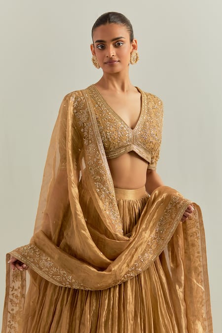 Buy_Ikshita Choudhary_Gold Organza Embroidery V-neck Hand Lehenga Set 
