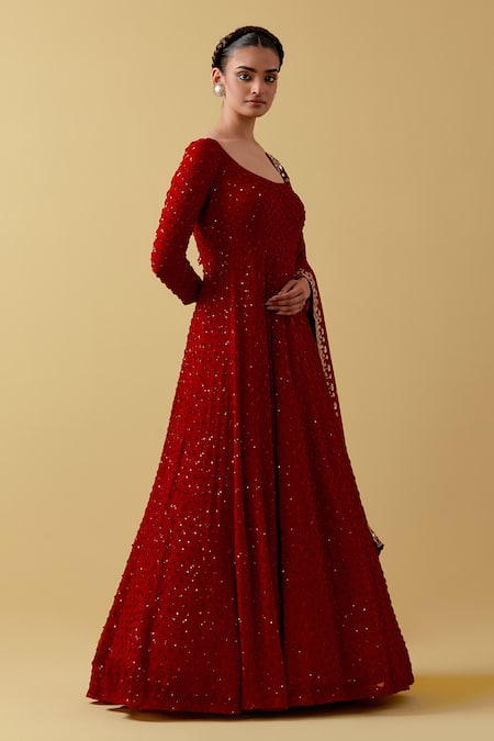 Ikshita Choudhary Red Georgette Embroidery, Sequins Scoop Neck Hand Anarkali Set Online at Aza Fashions Ikshita Choudhary_Red Georgette Embroidery, Sequins Scoop Neck Hand Anarkali Set _Online_at_Aza_Fashions