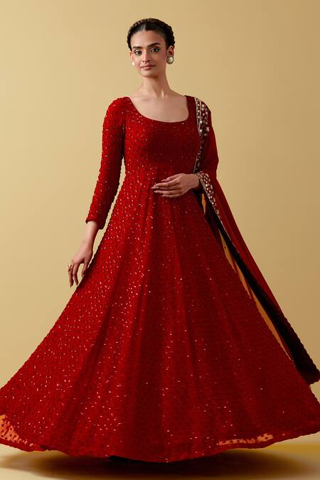 Buy Ikshita Choudhary Red Georgette Embroidery, Sequins Scoop Neck Hand Anarkali Set Online at Aza Fashions Buy_Ikshita Choudhary_Red Georgette Embroidery, Sequins Scoop Neck Hand Anarkali Set _Online_at_Aza_Fashions
