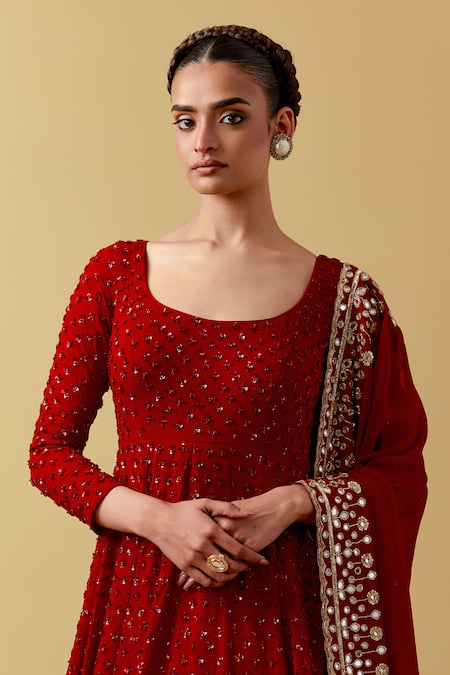 Shop Ikshita Choudhary Red Georgette Embroidery, Sequins Scoop Neck Hand Anarkali Set Online at Aza Fashions Shop_Ikshita Choudhary_Red Georgette Embroidery, Sequins Scoop Neck Hand Anarkali Set _Online_at_Aza_Fashions