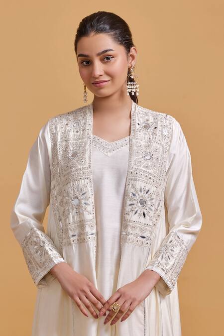 Gulabo By Abu Sandeep Off White Modal, Chanderi Sequins, Embroidery Designer Jacket Kurta Pant Set at Aza Fashions Gulabo By Abu Sandeep_Off White Modal, Chanderi Sequins, Embroidery Designer Jacket Kurta Pant Set _at_Aza_Fashions