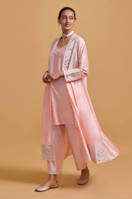 Gulabo By Abu Sandeep Pink Modal, Chanderi Embroidery, Mirrors Round Neck, Jacket Set Online at Aza Fashions Gulabo By Abu Sandeep_Pink Modal, Chanderi Embroidery, Mirrors Round Neck, Jacket Set _Online_at_Aza_Fashions