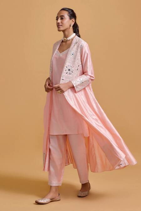 Shop Gulabo By Abu Sandeep Pink Modal, Chanderi Embroidery, Mirrors Round Neck, Jacket Set Online at Aza Fashions Shop_Gulabo By Abu Sandeep_Pink Modal, Chanderi Embroidery, Mirrors Round Neck, Jacket Set _Online_at_Aza_Fashions