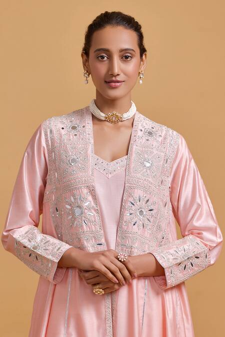 Buy Gulabo By Abu Sandeep Pink Modal, Chanderi Embroidery, Mirrors Round Neck, Jacket Set Buy_Gulabo By Abu Sandeep_Pink Modal, Chanderi Embroidery, Mirrors Round Neck, Jacket Set