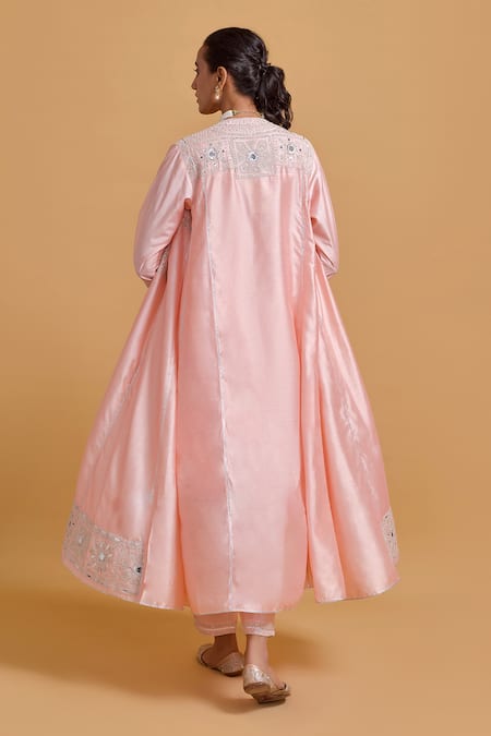 Shop Gulabo By Abu Sandeep Pink Modal, Chanderi Embroidery, Mirrors Round Neck, Jacket Set at Aza Fashions Shop_Gulabo By Abu Sandeep_Pink Modal, Chanderi Embroidery, Mirrors Round Neck, Jacket Set _at_Aza_Fashions