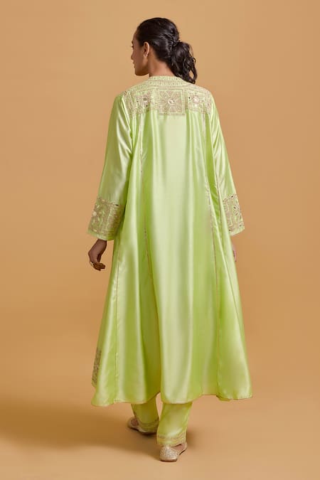 Shop Gulabo By Abu Sandeep Green Modal, Chanderi Sequins, Embroidery Open Neck, Pista Kurta Set at Aza Fashions Shop_Gulabo By Abu Sandeep_Green Modal, Chanderi Sequins, Embroidery Open Neck, Pista Kurta Set _at_Aza_Fashions