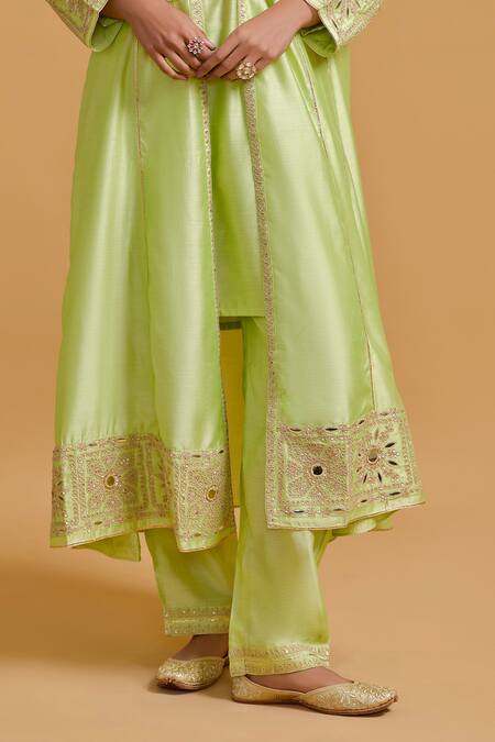 Gulabo By Abu Sandeep Green Modal, Chanderi Sequins, Embroidery Open Neck, Pista Kurta Set Online at Aza Fashions Gulabo By Abu Sandeep_Green Modal, Chanderi Sequins, Embroidery Open Neck, Pista Kurta Set _Online_at_Aza_Fashions