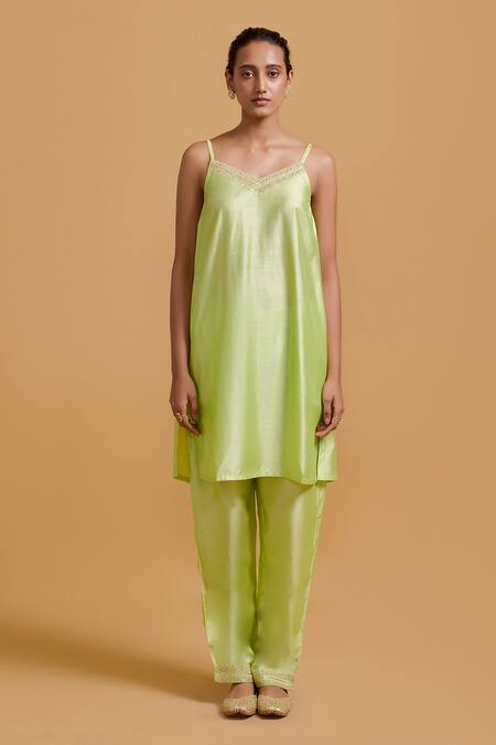 Buy Gulabo By Abu Sandeep Green Modal, Chanderi Sequins, Embroidery Open Neck, Pista Kurta Set Online at Aza Fashions Buy_Gulabo By Abu Sandeep_Green Modal, Chanderi Sequins, Embroidery Open Neck, Pista Kurta Set _Online_at_Aza_Fashions