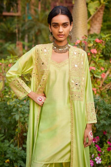 Shop Gulabo By Abu Sandeep Green Modal, Chanderi Sequins, Embroidery Open Neck, Pista Kurta Set Online at Aza Fashions Shop_Gulabo By Abu Sandeep_Green Modal, Chanderi Sequins, Embroidery Open Neck, Pista Kurta Set _Online_at_Aza_Fashions