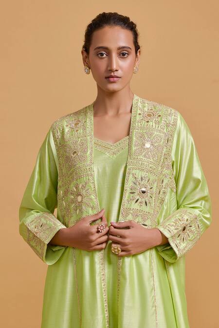Gulabo By Abu Sandeep Green Modal, Chanderi Sequins, Embroidery Open Neck, Pista Kurta Set at Aza Fashions Gulabo By Abu Sandeep_Green Modal, Chanderi Sequins, Embroidery Open Neck, Pista Kurta Set _at_Aza_Fashions