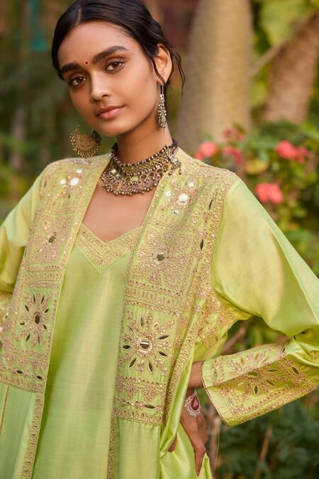 Buy Gulabo By Abu Sandeep Green Modal, Chanderi Sequins, Embroidery Open Neck, Pista Kurta Set Buy_Gulabo By Abu Sandeep_Green Modal, Chanderi Sequins, Embroidery Open Neck, Pista Kurta Set