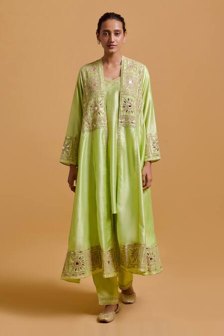 Shop Gulabo By Abu Sandeep Green Modal, Chanderi Sequins, Embroidery Open Neck, Pista Kurta Set Shop_Gulabo By Abu Sandeep_Green Modal, Chanderi Sequins, Embroidery Open Neck, Pista Kurta Set
