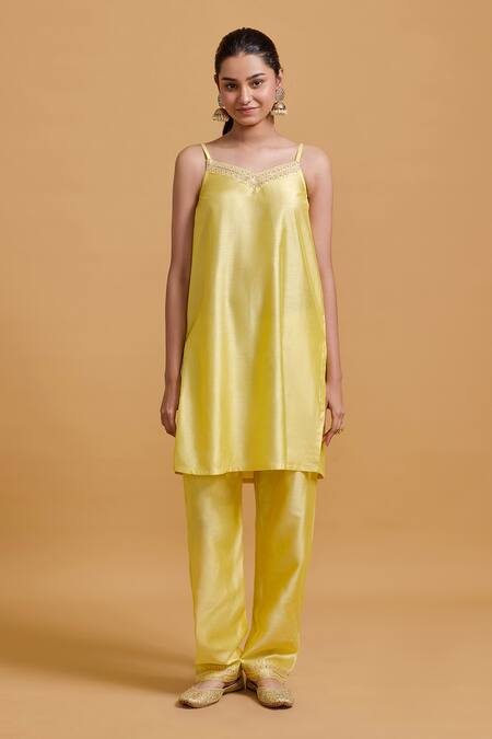 Buy Gulabo By Abu Sandeep Yellow Modal, Chanderi Embroidery Round Neck, Kurta Set Online at Aza Fashions Buy_Gulabo By Abu Sandeep_Yellow Modal, Chanderi Embroidery Round Neck, Kurta Set _Online_at_Aza_Fashions