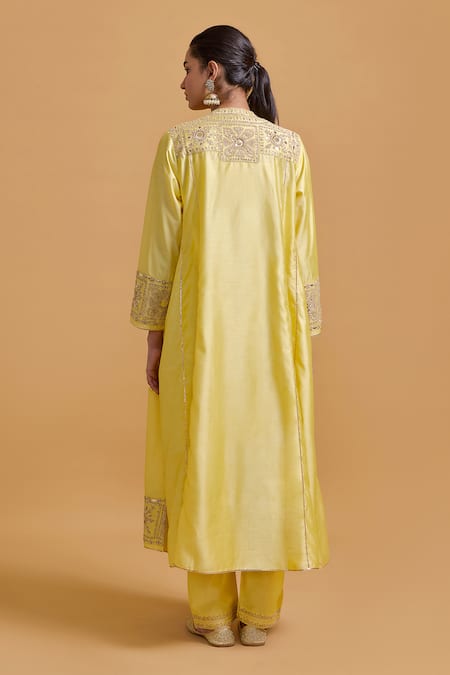 Shop Gulabo By Abu Sandeep Yellow Modal, Chanderi Embroidery Round Neck, Kurta Set at Aza Fashions Shop_Gulabo By Abu Sandeep_Yellow Modal, Chanderi Embroidery Round Neck, Kurta Set _at_Aza_Fashions