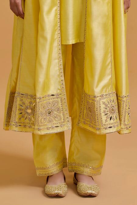 Shop Gulabo By Abu Sandeep Yellow Modal, Chanderi Embroidery Round Neck, Kurta Set Online at Aza Fashions Shop_Gulabo By Abu Sandeep_Yellow Modal, Chanderi Embroidery Round Neck, Kurta Set _Online_at_Aza_Fashions