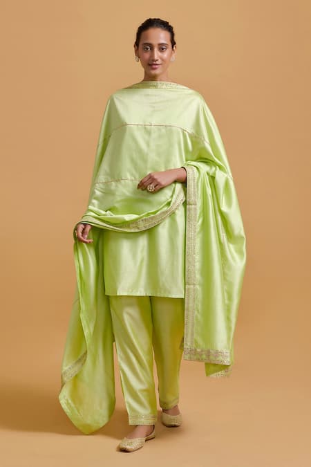 Gulabo By Abu Sandeep Pink Modal, Chanderi Embroidery Pista Green Dupatta 