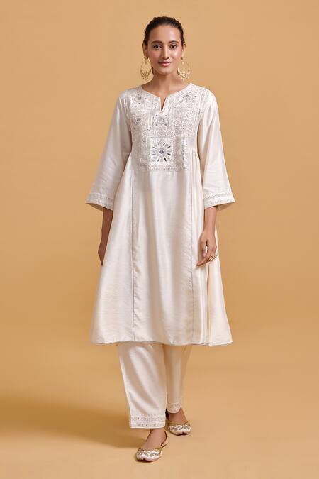 Gulabo By Abu Sandeep Off White Modal, Chanderi Embroidery Split V-neck Kurta Pant Set 