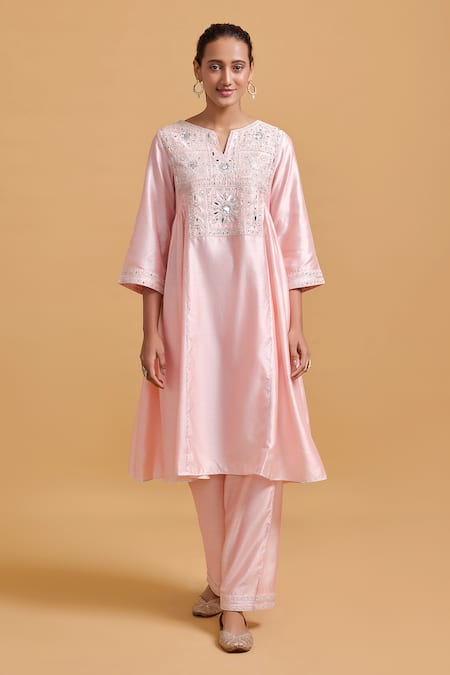 Gulabo By Abu Sandeep Pink Modal, Chanderi Sequins Split V-neck Embroidered Kurta Set 