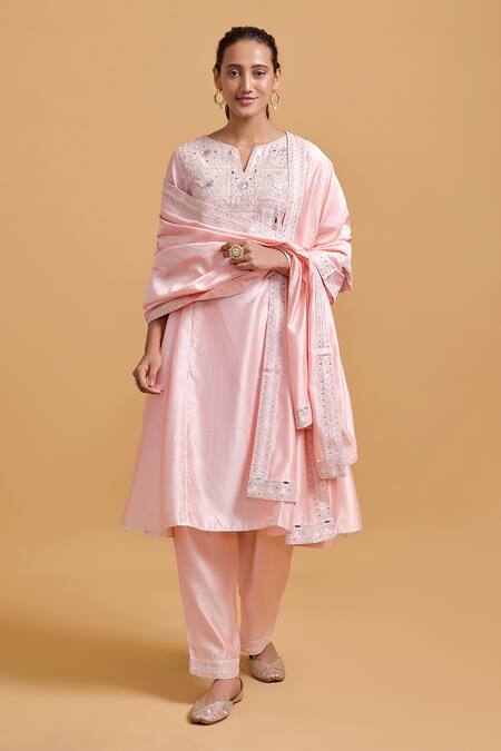 Gulabo By Abu Sandeep Pink Modal, Chanderi Sequins Split V-neck Embroidered Kurta Set Online at Aza Fashions Gulabo By Abu Sandeep_Pink Modal, Chanderi Sequins Split V-neck Embroidered Kurta Set _Online_at_Aza_Fashions