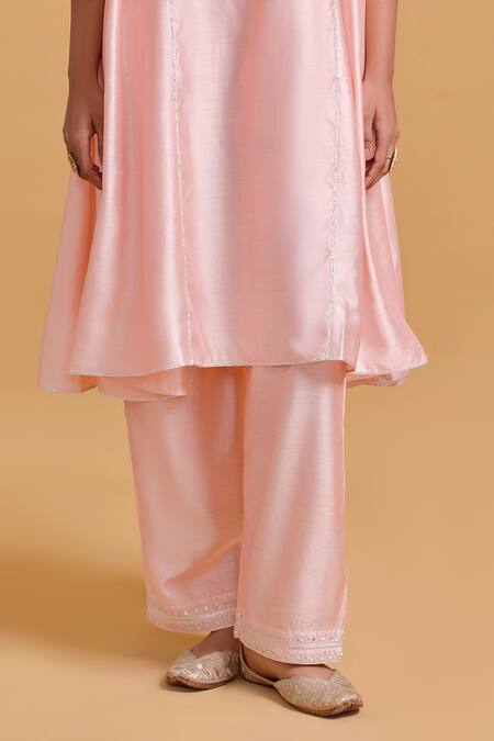 Shop Gulabo By Abu Sandeep Pink Modal, Chanderi Sequins Split V-neck Embroidered Kurta Set Online at Aza Fashions Shop_Gulabo By Abu Sandeep_Pink Modal, Chanderi Sequins Split V-neck Embroidered Kurta Set _Online_at_Aza_Fashions