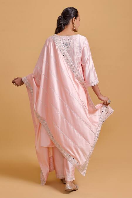 Gulabo By Abu Sandeep Pink Modal, Chanderi Sequins Split V-neck Embroidered Kurta Set at Aza Fashions Gulabo By Abu Sandeep_Pink Modal, Chanderi Sequins Split V-neck Embroidered Kurta Set _at_Aza_Fashions