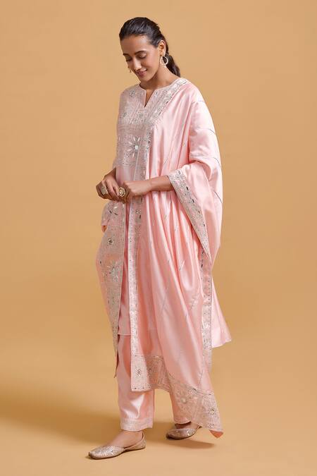 Buy Gulabo By Abu Sandeep Pink Modal, Chanderi Sequins Split V-neck Embroidered Kurta Set Buy_Gulabo By Abu Sandeep_Pink Modal, Chanderi Sequins Split V-neck Embroidered Kurta Set