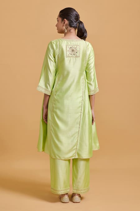 Shop Gulabo By Abu Sandeep Green Modal, Chanderi Embroidery, Sequins Split V-neck Pista Kurta And Pant Set at Aza Fashions Shop_Gulabo By Abu Sandeep_Green Modal, Chanderi Embroidery, Sequins Split V-neck Pista Kurta And Pant Set _at_Aza_Fashions