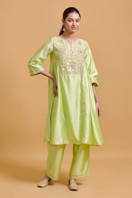Gulabo By Abu Sandeep Green Modal, Chanderi Embroidery, Sequins Split V-neck Pista Kurta And Pant Set 