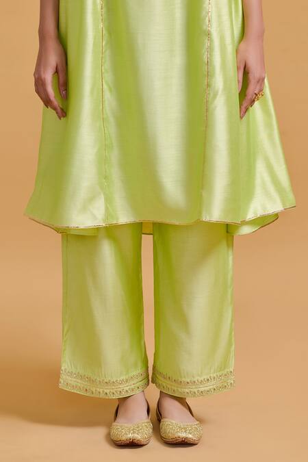 Gulabo By Abu Sandeep Green Modal, Chanderi Embroidery, Sequins Split V-neck Pista Kurta And Pant Set Online at Aza Fashions Gulabo By Abu Sandeep_Green Modal, Chanderi Embroidery, Sequins Split V-neck Pista Kurta And Pant Set _Online_at_Aza_Fashions