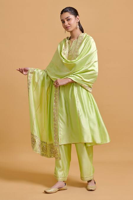 Buy Gulabo By Abu Sandeep Green Modal, Chanderi Embroidery, Sequins Split V-neck Pista Kurta And Pant Set Online at Aza Fashions Buy_Gulabo By Abu Sandeep_Green Modal, Chanderi Embroidery, Sequins Split V-neck Pista Kurta And Pant Set _Online_at_Aza_Fashions