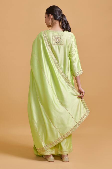 Shop Gulabo By Abu Sandeep Green Modal, Chanderi Embroidery, Sequins Split V-neck Pista Kurta And Pant Set Online at Aza Fashions Shop_Gulabo By Abu Sandeep_Green Modal, Chanderi Embroidery, Sequins Split V-neck Pista Kurta And Pant Set _Online_at_Aza_Fashions