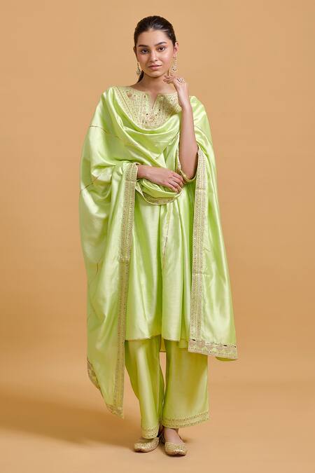Gulabo By Abu Sandeep Green Modal, Chanderi Embroidery, Sequins Split V-neck Pista Kurta And Pant Set at Aza Fashions Gulabo By Abu Sandeep_Green Modal, Chanderi Embroidery, Sequins Split V-neck Pista Kurta And Pant Set _at_Aza_Fashions